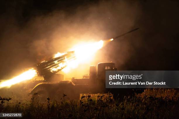 An MRLS, a multiple rocket launcher system, from the 58th brigade of the Ukrainian army responds to a request for a strike on Russian infantry on...