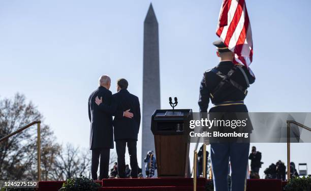 President Joe Biden, left, and Emmanuel Macron, France's president, at an arrival ceremony during a state visit on the South Lawn of the White House...