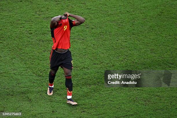 Romelu Lukaku of Belgium reacts during the FIFA World Cup Qatar 2022 Group F match between Croatia and Belgium at Ahmad Bin Ali Stadium in Al Rayyan,...
