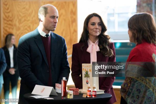 Britain's Prince William, Prince of Wales, and Catherine, Princess of Wales during a visit to the Greentown Labs in Somerville, to learn about...