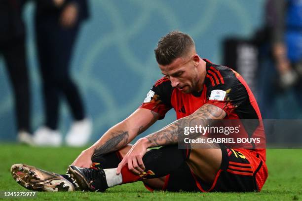 Belgium's defender Toby Alderweireld reacts after the Qatar 2022 World Cup Group F football match between Croatia and Belgium at the Ahmad Bin Ali...