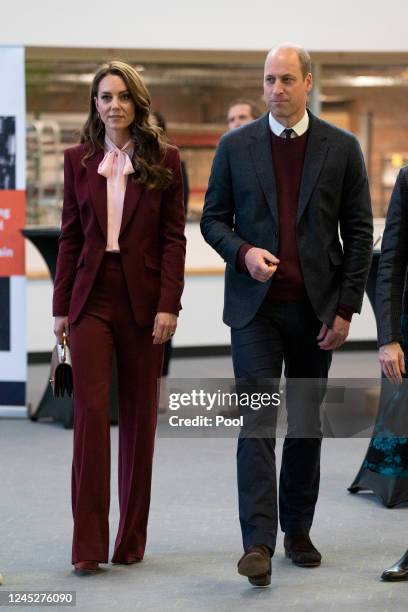 Britain's Prince William, Prince of Wales, and Catherine, Princess of Wales during a visit to the Greentown Labs in Somerville, to learn about...