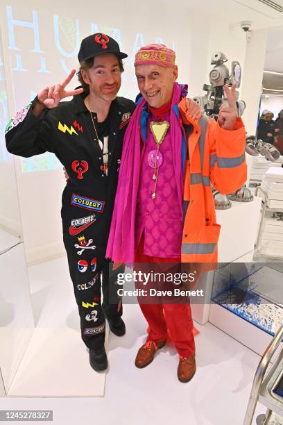 Philip Colbert and Andrew Logan attend the unveiling of Philip Colbert's Lobstar Bots, on view at Phillips' London galleries in Berkeley Square until...