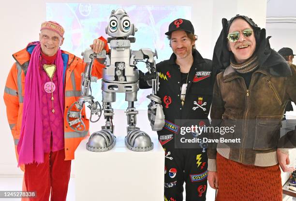 Andrew Logan, Philip Colbert and Martin Creed attend the unveiling of Philip Colbert's Lobstar Bots, on view at Phillips' London galleries in...