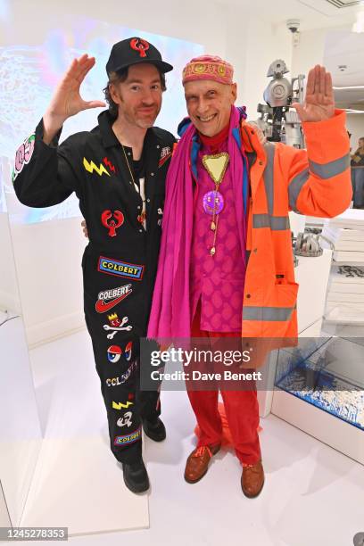 Philip Colbert and Andrew Logan attend the unveiling of Philip Colbert's Lobstar Bots, on view at Phillips' London galleries in Berkeley Square until...