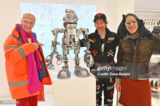 Andrew Logan, Philip Colbert and Martin Creed attend the unveiling of Philip Colbert's Lobstar Bots, on view at Phillips' London galleries in...