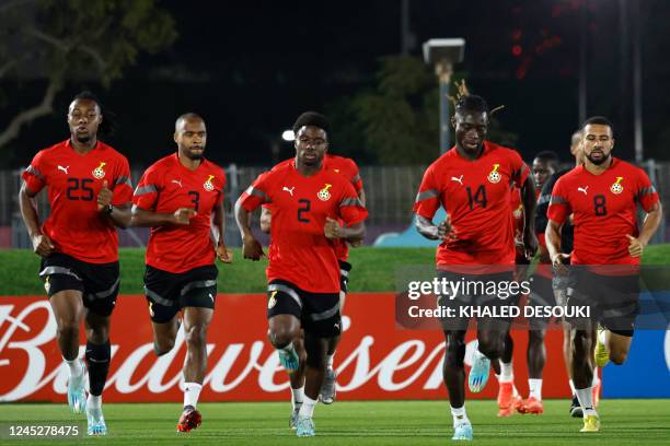 Ghana's players take part in a training session at the Aspire Zone Doha in Doha on December 1 on the eve of the Qatar 2022 World Cup football match...