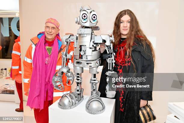 Andrew Logan and Daniel Lismore attend the unveiling of Philip Colbert's Lobstar Bots, on view at Phillips' London galleries in Berkeley Square until...