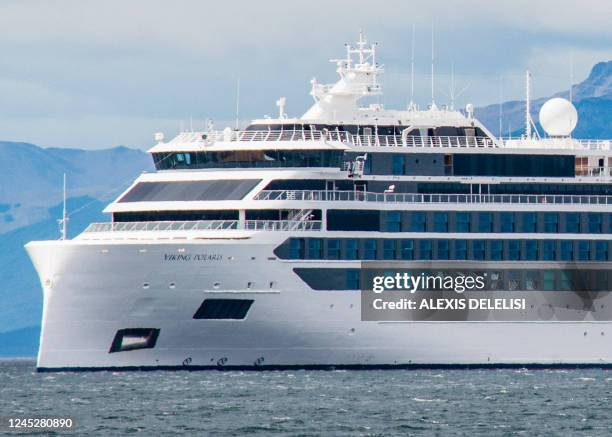 The Norwegian-flagged cruise ship Viking Polaris is seen anchored in waters of the Atlantic Ocean in Ushuaia, southern Argentina, on December 1,...