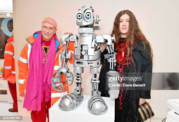 Andrew Logan and Daniel Lismore attend the unveiling of Philip Colbert's Lobstar Bots, on view at Phillips' London galleries in Berkeley Square until...