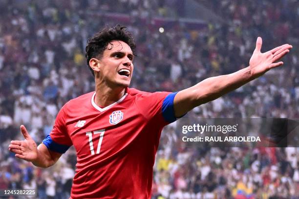 Costa Rica's midfielder Yeltsin Tejeda celebrates scoring his team's first goal during the Qatar 2022 World Cup Group E football match between Costa...