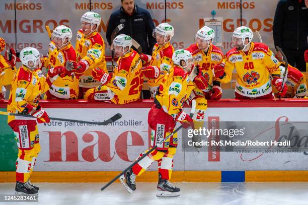 Damien Brunner of EHC Biel celebrates his goal with teammates during the Swiss National League game between Lausanne HC and EHC Biel-Bienne at...