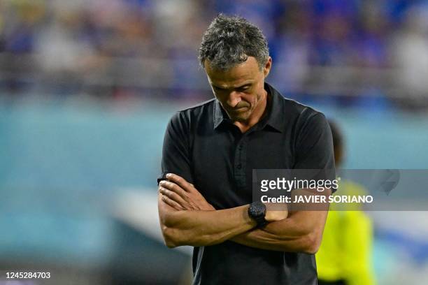 Spain's coach Luis Enrique reacts during the Qatar 2022 World Cup Group E football match between Japan and Spain at the Khalifa International Stadium...