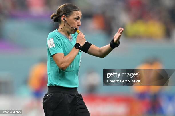 French referee Stephanie Frappart officiates during the Qatar 2022 World Cup Group E football match between Costa Rica and Germany at the Al-Bayt...