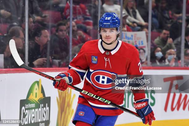 Cole Caufield of the Montreal Canadiens skates against the San Jose Sharks during the first period in the NHL game at the Centre Bell on November 29,...