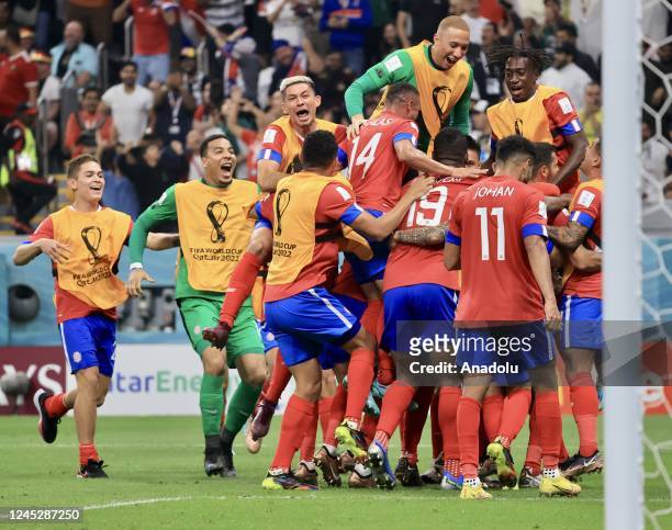 Juan Pablo Vargas of Costa Rica celebrates after scoring a goal during the FIFA World Cup Qatar 2022 Group E match between Costa Rica and Germany at...