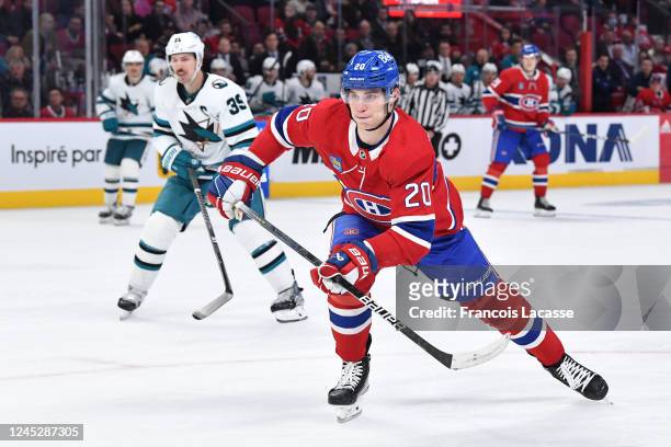 Juraj Slafkovsky of the Montreal Canadiens skates against the San Jose Sharks during the third period in the NHL game at the Centre Bell on November...