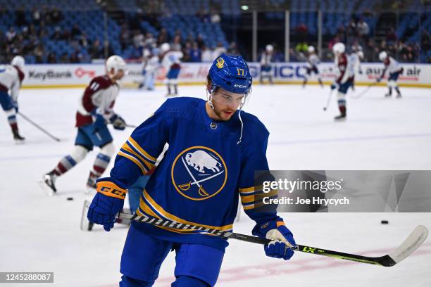 Tyson Jost of the Buffalo Sabres skates during warmups before playing in an NHL game against the Colorado Avalanche on December 1, 2022 at KeyBank...