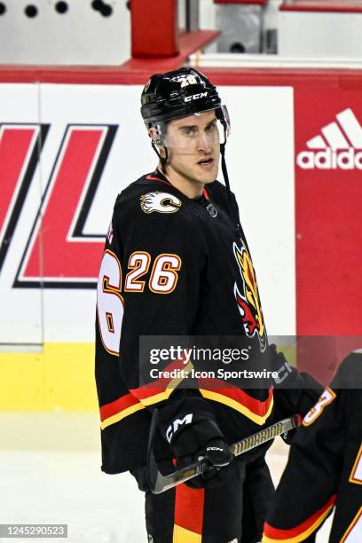 Calgary Flames Defenceman Michael Stone warms up before an NHL game between the Calgary Flames and the Montreal Canadiens on December 1 at the...