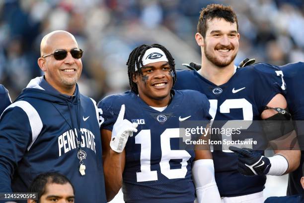 Penn State head coach James Franklin, safety JiAyir Brown , and offensive lineman Bryce Effner pose during senior day during the Michigan State...