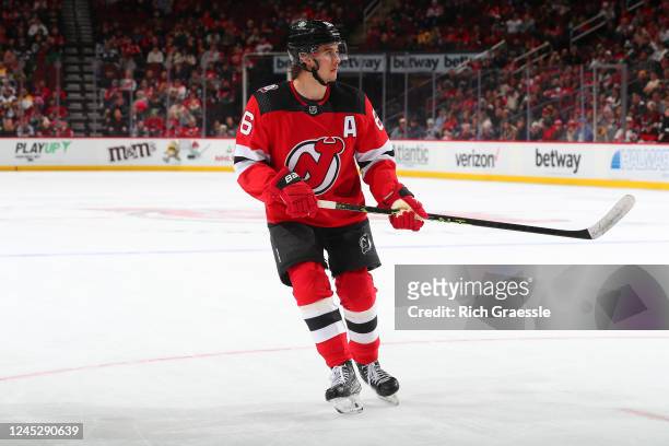 Jack Hughes of the New Jersey Devils skates in the third period in the game against the Nashville Predators on December 1, 2022 at the Prudential...