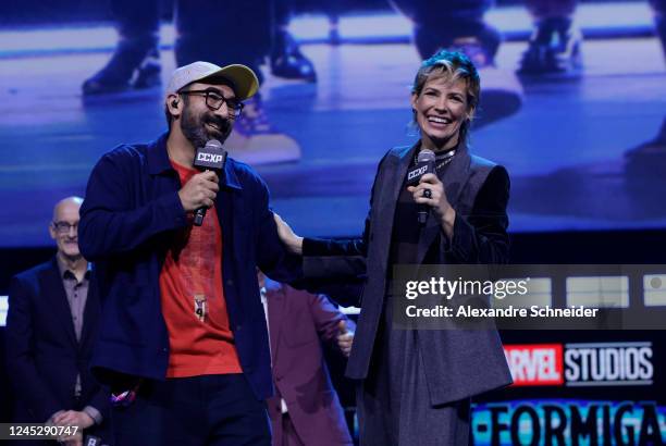 Marcelo Forlani and Evangeline Lilly during a panel of Marvel Studios for Disney on the Thunder Stage during Comic Con Experience, aka CCXP22, on...