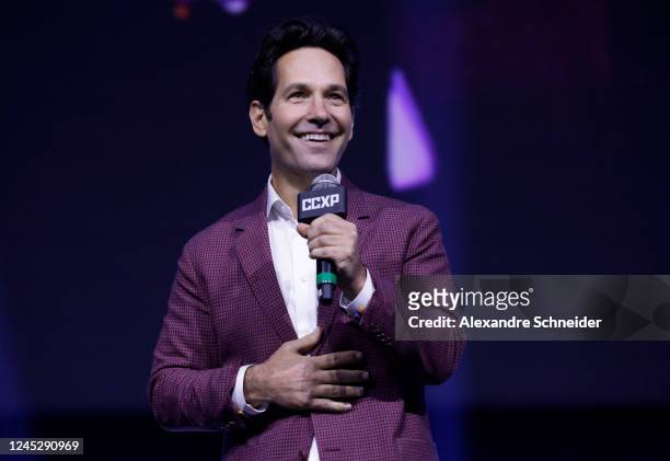 Paul Rudd speaks during a panel of Marvel Studios for Disney on the Thunder Stage during Comic Con Experience, aka CCXP22, on December 1, 2022 in Sao...