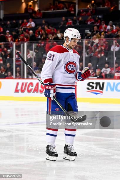 Montreal Canadiens Center Sean Monahan looks on during the first period of an NHL game between the Calgary Flames and the Montreal Canadiens on...