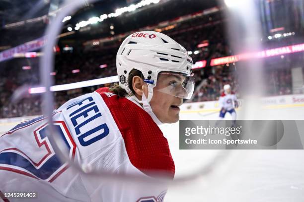 Montreal Canadiens Left Wing Cole Caufield awaits a pass during the first period of an NHL game between the Calgary Flames and the Montreal Canadiens...