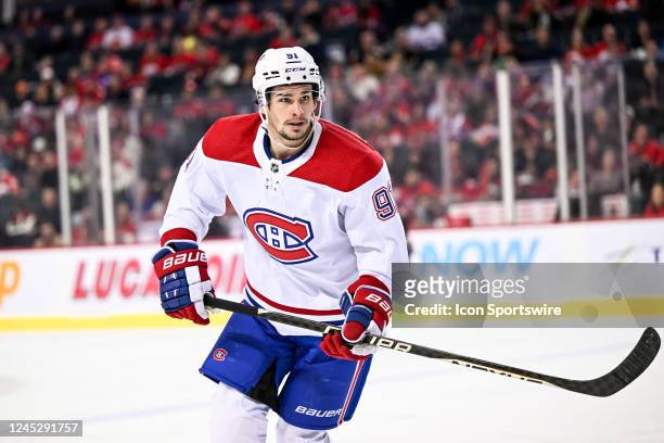 Montreal Canadiens Center Sean Monahan in action during the second period of an NHL game between the Calgary Flames and the Montreal Canadiens on...