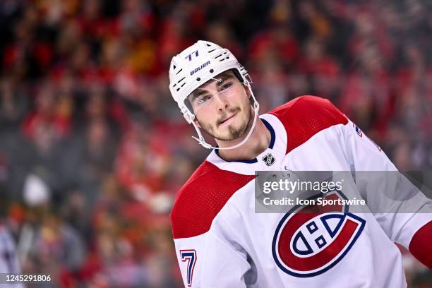 Montreal Canadiens Right Wing Kirby Dach looks on during the second period of an NHL game between the Calgary Flames and the Montreal Canadiens on...