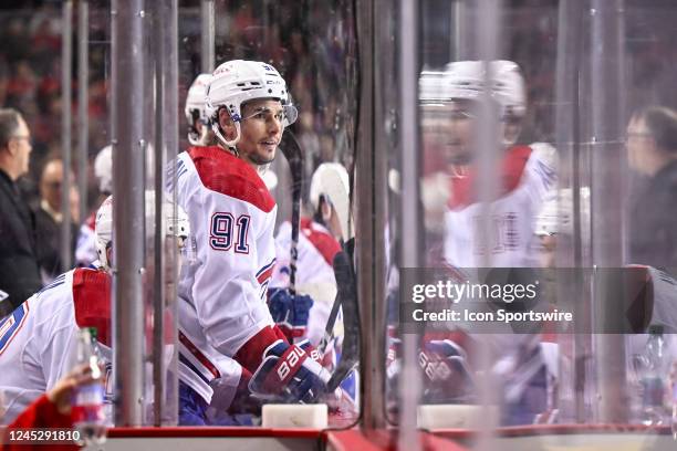 Montreal Canadiens Center Sean Monahan looks on from the bench during the second period of an NHL game between the Calgary Flames and the Montreal...