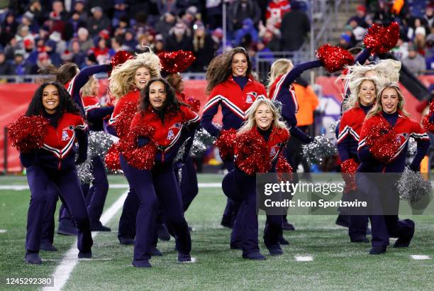 The Patriots cheerleaders perform during a game between the New England Patriots and the Buffalo Bills on December 1 at Gillette Stadium in...