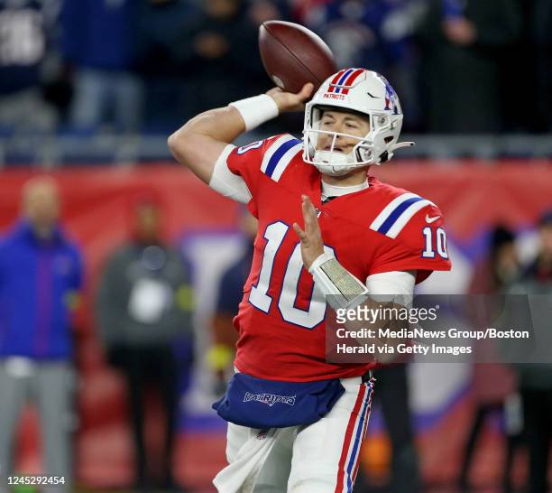December 1: Mac Jones of the New England Patriots during the first half of the NFL game against the Buffalo Bills at Gillette Stadium on December 1,...