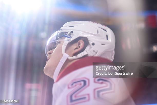 Montreal Canadiens Left Wing Cole Caufield looks on during the third period of an NHL game between the Calgary Flames and the Montreal Canadiens on...