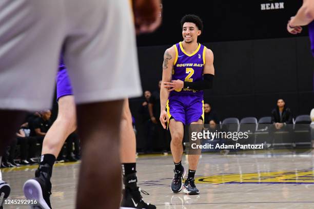 Scotty Pippen Jr. #2 of the South Bay Lakers celebrates during the game against the Salt Lake City Stars on December 01, 2022 at UCLA Heath Training...