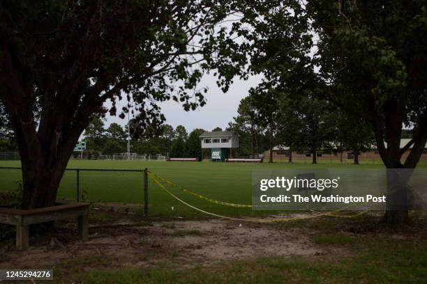 The soccer field at J.H. Rose High School is closed in Greenville, North Carolina on Monday, July 25, 2022. Several students who attended the high...
