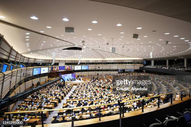 European Parliament President Roberta Metsola speaks during the conference on the Future of Europe in the European Parliament on December 02, 2022 in...