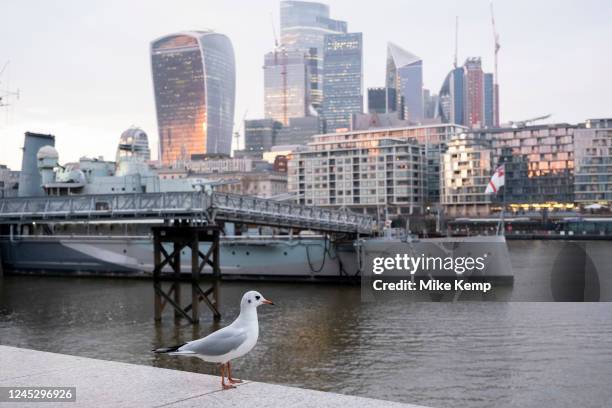 City of London skyline with 20 Fenchurch Street, affectionately nicknamed the Walkie Talkie reflecting early evening light with HMS Belfast in the...