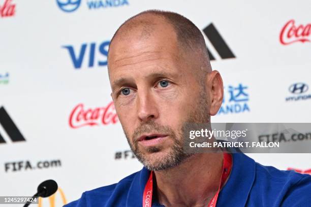 S coach Gregg Berhalter speaks during a press conference at the Qatar National Convention Center in Doha on December 2 on the eve of the Qatar 2022...