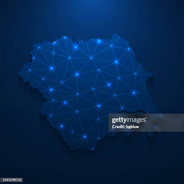 yorkshire and the humber map network - bright mesh on dark blue background - leeds stock illustrations