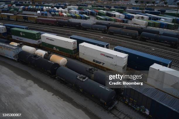 Shipping containers on railcars at a Union Pacific rail terminal in City of Industry, California, US, on Thursday, Dec. 1, 2022. The House passed...