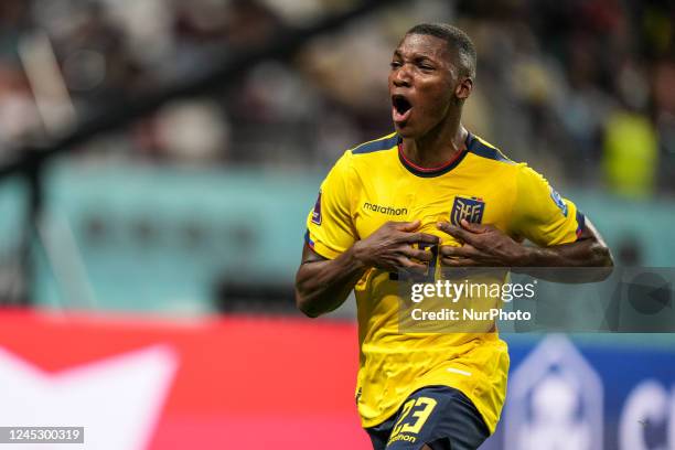 Moises of team Ecuador celebrate after score first goal for his team during the FIFA World Cup Qatar 2022 match, Group A, between Ecuador and Senegal...