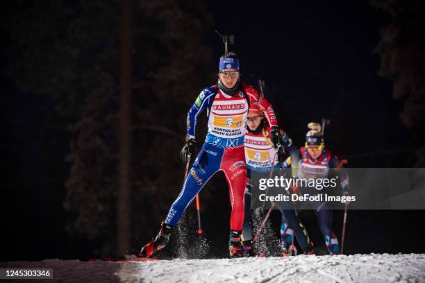 Chloe Chevalier of France in action competes during the Women 4x6 km Relay at the BMW IBU World Cup Biathlon Kontiolahti on December 1, 2022 in...