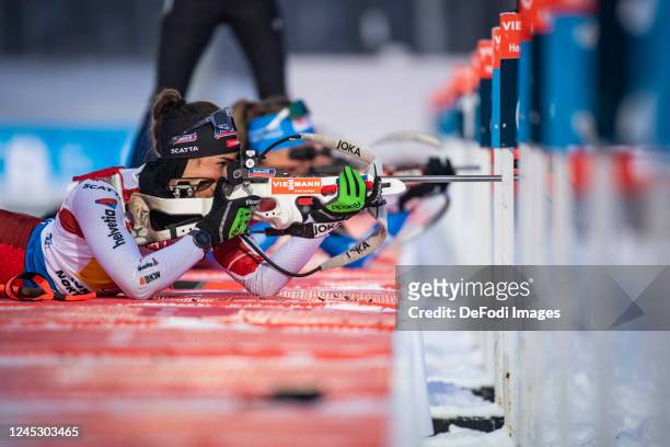 Selina Gasparin of Switzerland at the shooting range during the Women 4x6 km Relay at the BMW IBU World Cup Biathlon Kontiolahti on December 1, 2022...