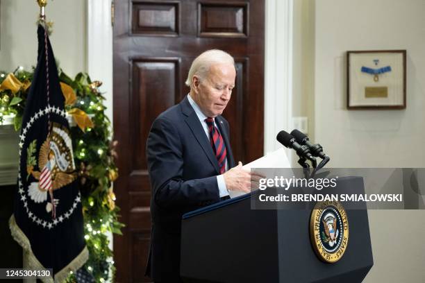 President Joe Biden speaks as he prepares to sign a resolution to avert a nationwide rail shutdown, in the Roosevelt Room of the White House in...