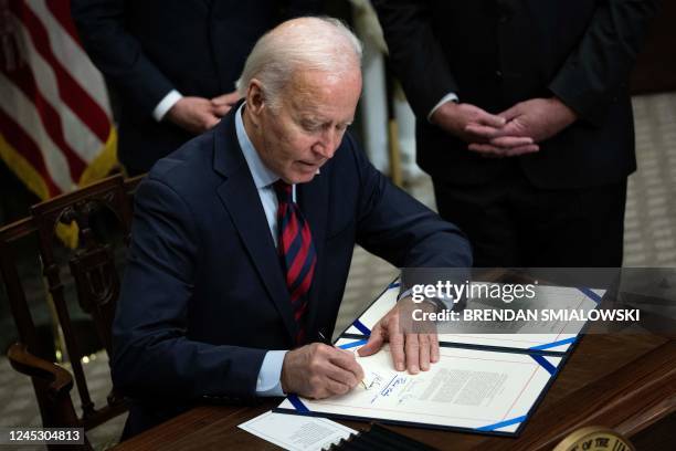 President Joe Biden signs a resolution to avert a nationwide rail shutdown, in the Roosevelt Room of the White House in Washington, DC, on December...