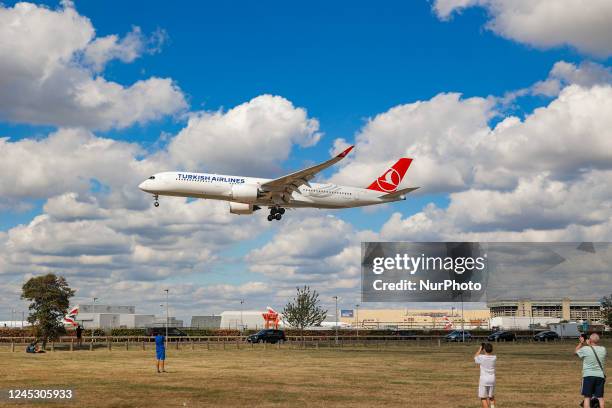 Turkish Airlines Airbus A350-900 aircraft as seen landing at London Heathrow Airport LHR in the UK. The modern and advanced A350 wide body passenger...