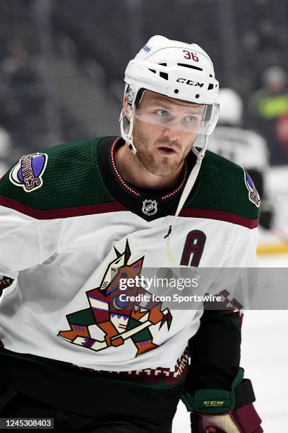 Arizona Coyotes Right Wing Christian Fischer skates during warm-ups prior to an NHL game between the Arizona Coyotes and the Los Angeles Kings on...