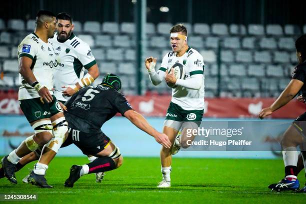 Toby SALMON of Rouen Normandie Rugby and Bastien GUILLEMIN of Montauban during the Pro D2 match between Rouen and Montauban on December 2, 2022 in...